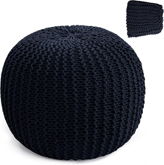 HOMBYS Unstuffed Ottoman Pouf Cover, 100% Cotton Handmade Knitted Ottoman Pouf Cover Round Foot Stool, Floor Bean Bag Chair, Foot Rest Storage for Living Room Bedroom, Navy Blue(Cover ONLY NO Filler)