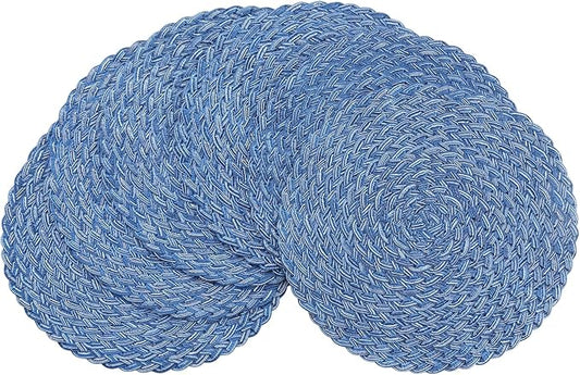 Floroom 15 Inch Round Braided Placemats Set of 6, Washable Heat Resistant Cotton Polyester Circle Boho Place Mats for Kitchen Dining Table - Seascape Blue