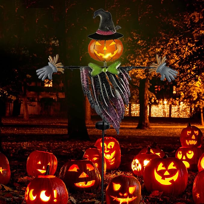 Solar Halloween Yard Decorations, Outdoor LED Solar Powered Pumpkin Ghost Stakes Halloween Outdoor Decorations, Metal Garden Stakes Lawn Yard Ornament