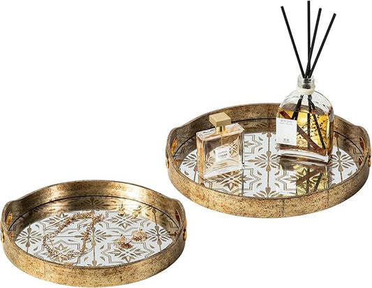 Glitzhome Set of 2 Large Gold Mirror Decorative Trays with Handles, Round Abstract Vanity Jewelry Perfume Tray Dresser Tray, Vintage Jewelry Organizer Makeup Trays
