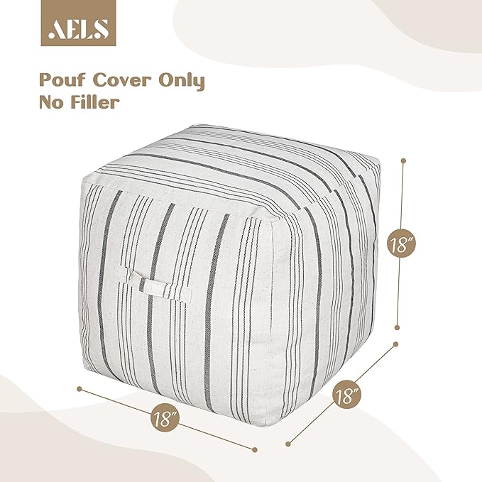 AELS Unstuffed Farmhouse Pouf Cover for Living Room, Storage Bean Bag Cubes, Off White & Gray Stripes Linen Square Ottoman Pouf Foot Rest Footstool, 18"x18"x18", Cover ONLY