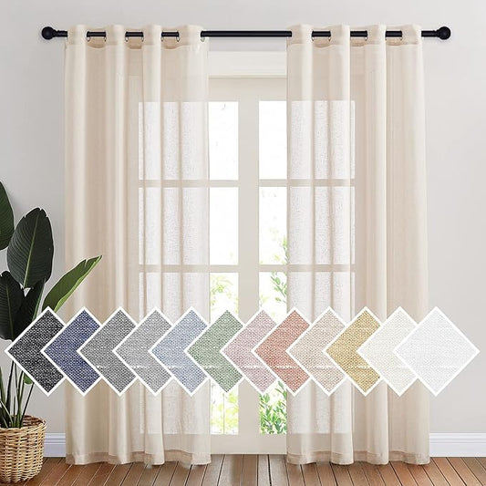 NICETOWN Semi Sheer Beige Curtains 84 inches Long, Grommet Retro Linen Curtains Window Treatments Vertical Drapes Privacy with Light Filter for Living Room, W52 x L84, 2 Panels