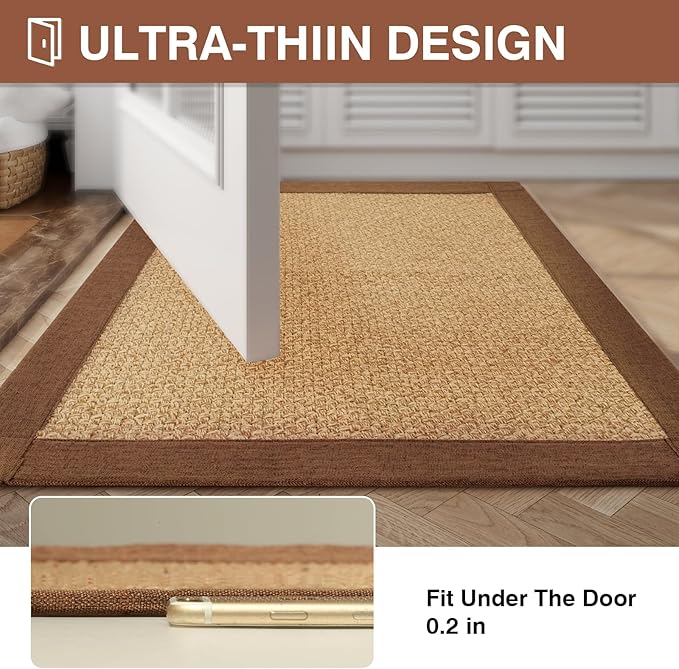 Non Slip Ultra Thin Bathroom Rugs Mat 20x32, Bath Mat for Bathroom Quick Dry Absorbent Bathroom Mat Floor Rubber Backed Fit Under Door, Woven Washable Bath Rugs, Brown