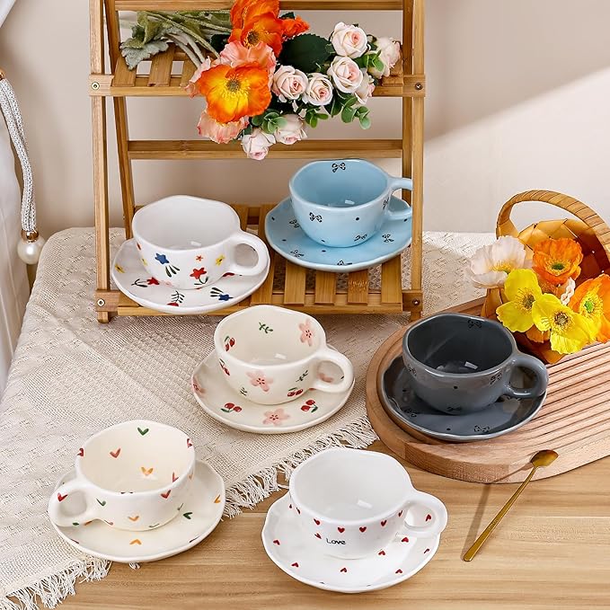 Koythin Ceramic Coffee Mug with Saucers, Handmade Flowers Mugs, Cute Cup for Girl Women, Aesthetic Tea Milk Cup with Handle, 8.5 oz/250 ml for Latte, Cocoa, Office, Home (Blue Small Bow)