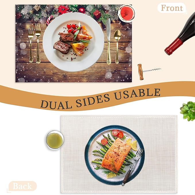 Christmas Placemats Set of 6,Washable Heat Resistant 12×18 Inch Linen Table Mats Wooden Place Mats for Party Outdoor Dining Décor