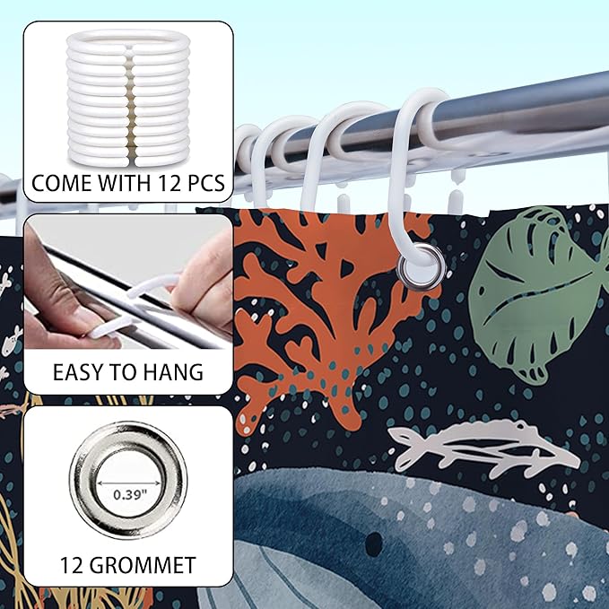 Kids Shower Curtain, Cartoon Fish Shark Whale Ocean Theme Sea Animal Shower Curtain for Bathroom 72x72 Cute Underwater Marine Bathtub Curtain Girls Boys Bathroom Decor