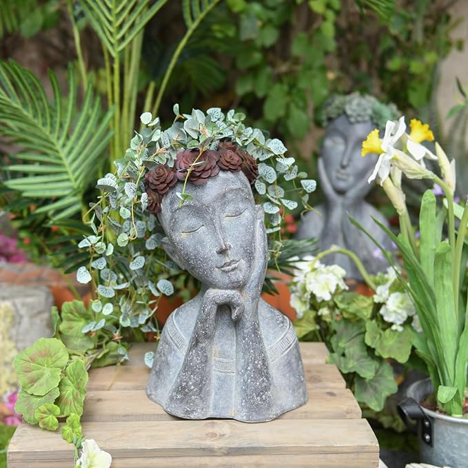 Newman House Studio Succulents Face Planters Pots Head - Flower Pot with Drainage Hole Face Head Large Garden Farmhouse Decor 9.4 x 7.2 x 13.9 inch