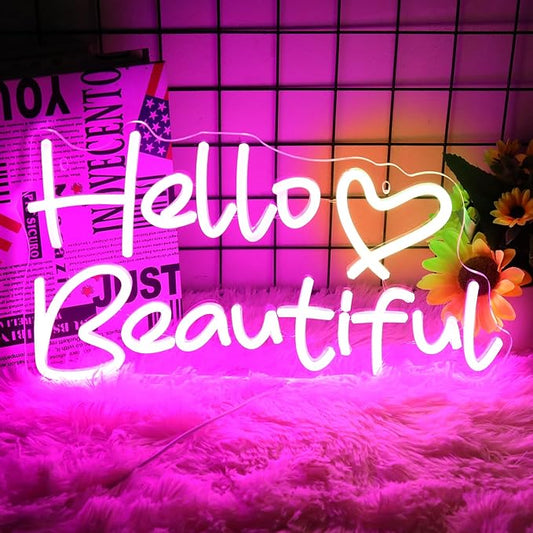 Hello Beautiful Neon Signs, Led Neon Light for Wall Decor for Bachelorette Party Birthday Engagement Party Wedding Decoration with Switch 16 x 8.9''(Pink + Warm White Heart)