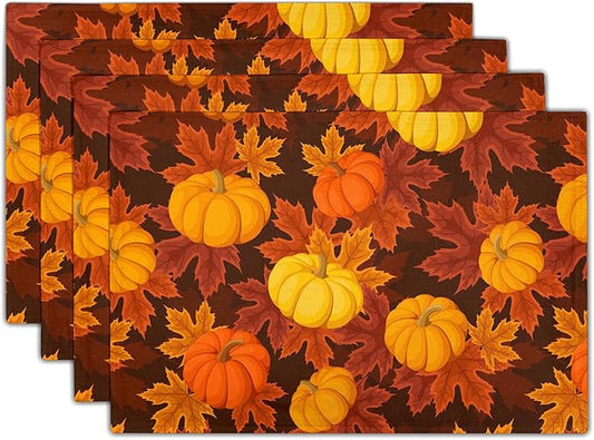 Fall Placemats Set of 4 Autumn Pumpkin Leaves Linen Place Mat Washable Non-Slip Heat Resistant 12×18 Inch Thick Place Mats Decorative Fabric Table Mat for Dining Table
