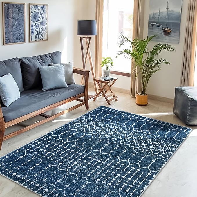 Lahome Moroccan Blue Carpet for Living Room - 4x6 Area Rug Non-Slip Ultra-Thin Soft Bedroom Rug Stain Resistant Modern Carpet with Geometric Print, Suitable for Office, Kitchen, Entryway, Dining Room
