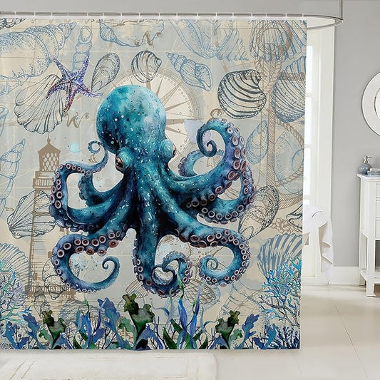 Feelyou Octopus Fabric Shower Curtain Sea Themed Shower Curtain for Kids Boys Girls Shells and Corals Bathroom Waterproof Accessories with 12 Hooks Blue and Brown Curtains,72X72 Inches