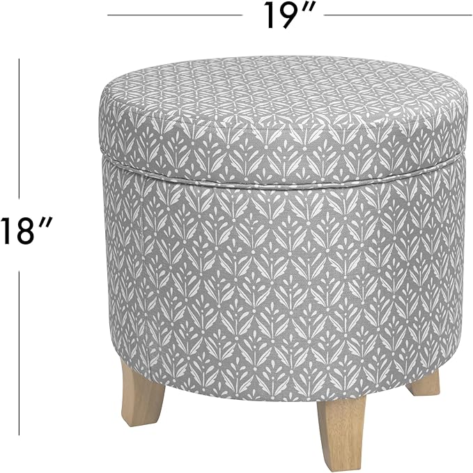 HomePop Upholstered Round Storage Ottoman Home Décor|Upholstered Round Foot Rest Ottoman - Light Grey Print Large