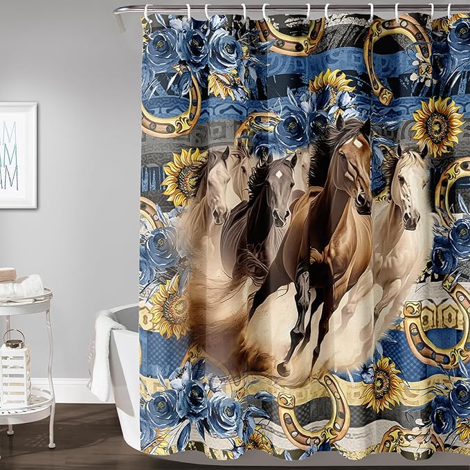 AILONEN Running Horse Shower Curtain for Kids,Blue Rose Sunflower Horse Bath Curtain for Bathroom Decor,Modern Curtain Polyester Waterproof with 12 Plastic Hooks 72" W*78" H