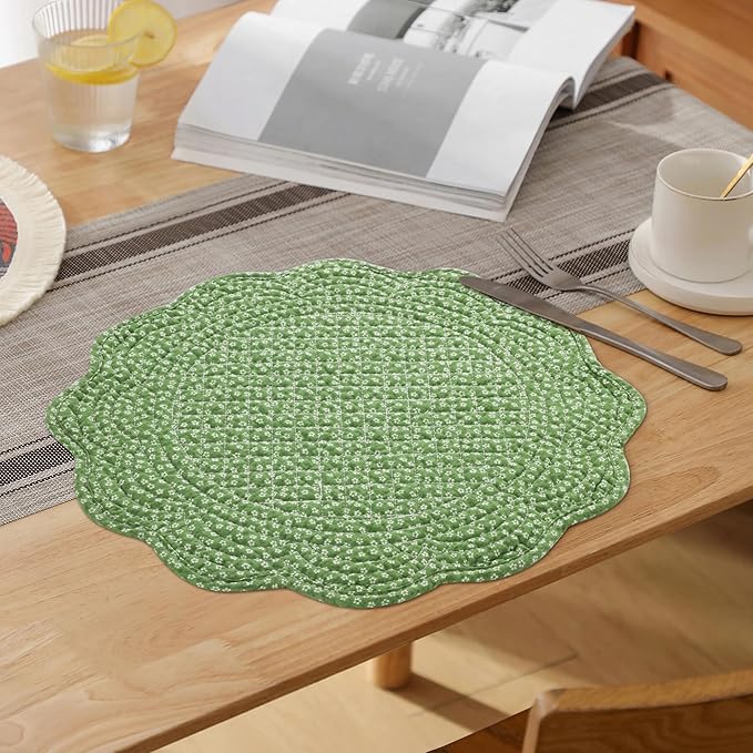 HOMBYS Quilted Placemats Set of 6 Washable Round Placemats for Kitchen Table-100% Cotton Fabric 13 Inch Round Table Mats, Cotton Fabric with Microfiber Filling, (13"x13",Green & White Flower)