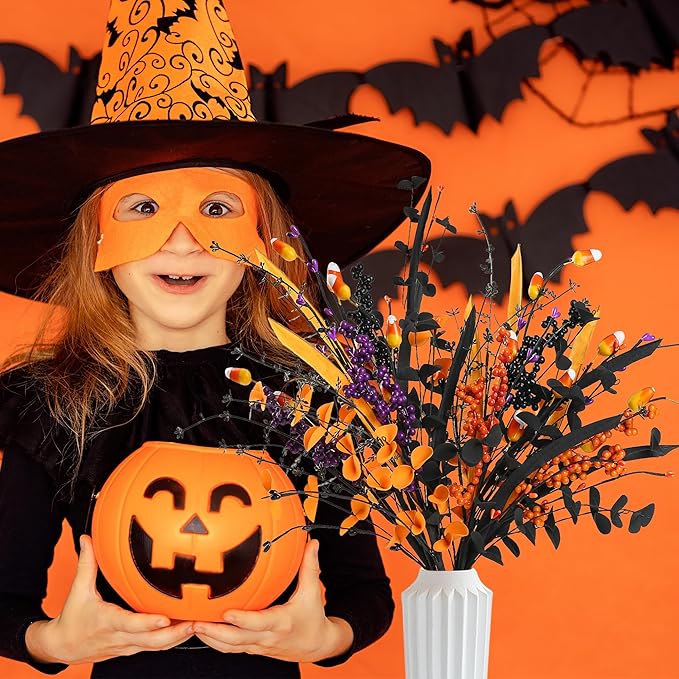 Sggvecsy 6 Pcs Artificial Halloween Stem with Berries Teeth Black Orange Leaves Faux Picks Decorative Twigs for Flower Arrangemant Table Centerpiece Halloween DIY Crafts Festival Home Decoration