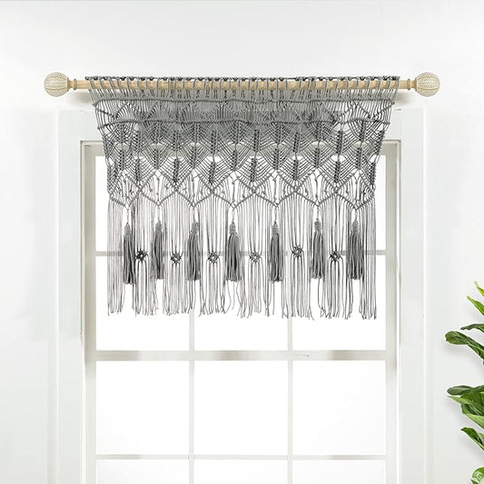 Lush Decor Boho Macrame Tassel Cotton Valance/Kitchen Curtain/Wall Decor, 30" L x 40" W, Gray