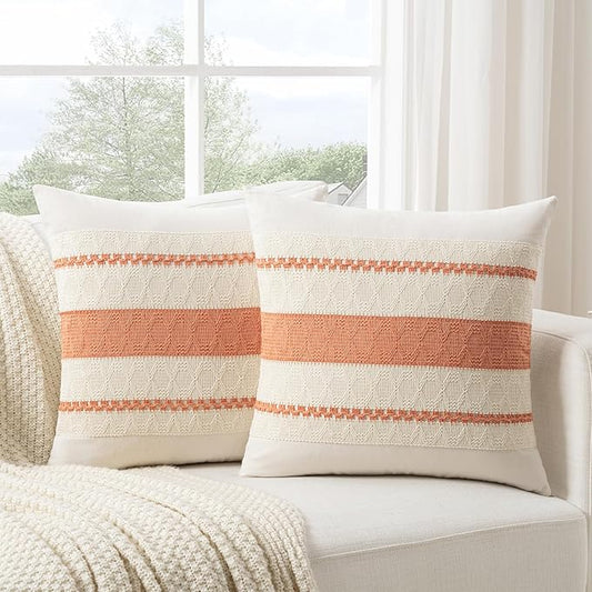 Fancy Homi Set of 2 Boho Coral Decorative Throw Pillow Cover 20x20 Inch for Couch Bed Sofa, Aesthetic Modern Organic Farmhouse Home Decor, Soft Cotton Cute Accent Macrame Woven Cushion Case