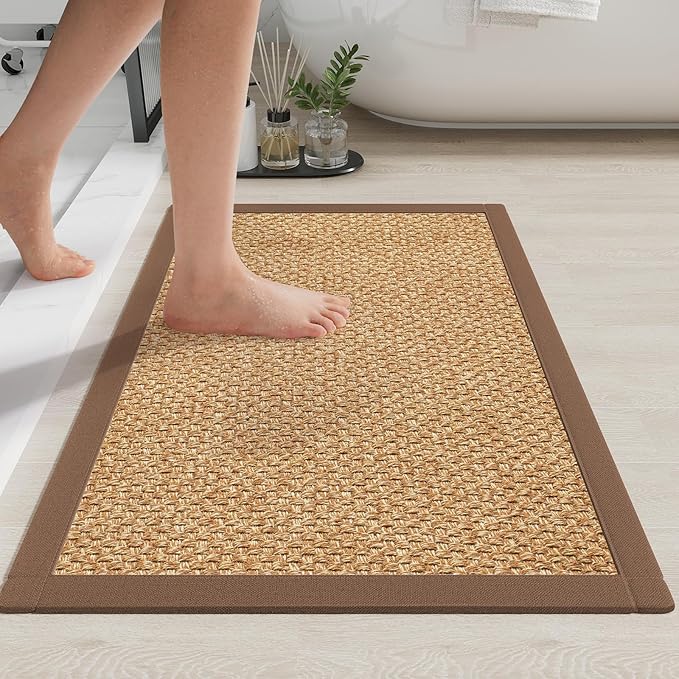 Non Slip Bath Mat Bathroom Rugs, Soft Jute-Like Ultra Thin Bath Mats, Rubber Backing Super Absorbent Quick Dry Bath Rug Shower Mat Fit Under Door Bathroom Floor, Machine Washable, Brown 16"x24"