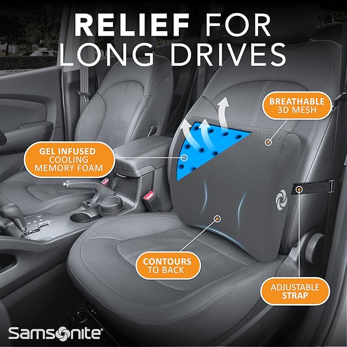 SAMSONITE, Gel-Infused Memory Foam Lumbar Support Pillow with Enhanced Airflow Design for Cooling Experience, Fits Most Office Chairs and Car Seats, Lower Back Cushion for Enhanced Ergonomic Benefits…