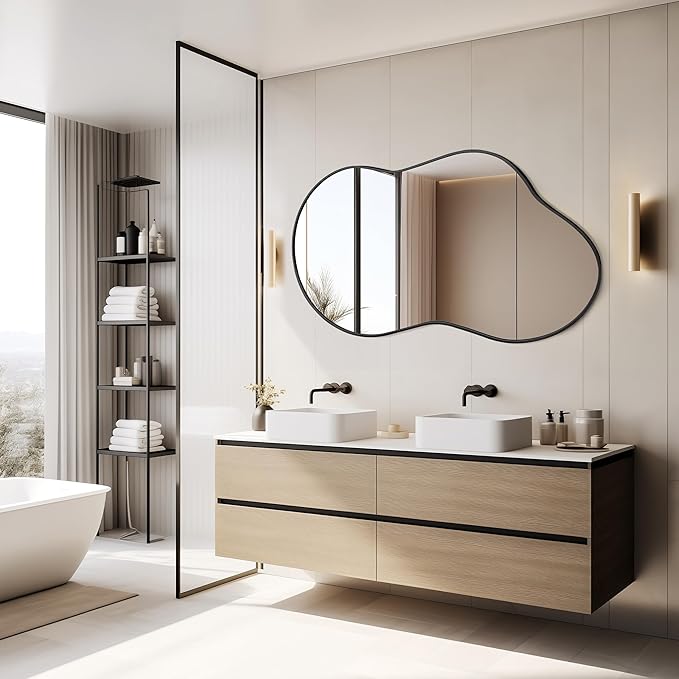 Bathroom Mirror - Black Irregular Wall Mirrors Decorative 26"x46" Asymmetrical Tempered Glass Aviation Aluminum Alloy Frame for Vanity, Bedroom, Living Room, Cloakroom, Entryway