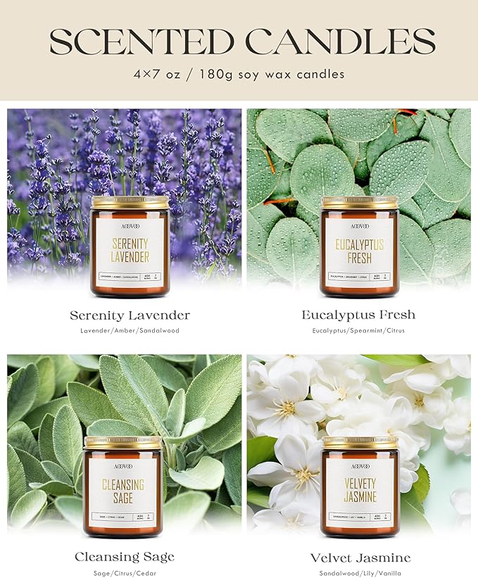 AOOVOO Candle Set - 4PC Scented Candles, 28 oz Soy Candles, Soy Candle for Home Scented, Lavender/Jasmine/Eucalyptus/Sage