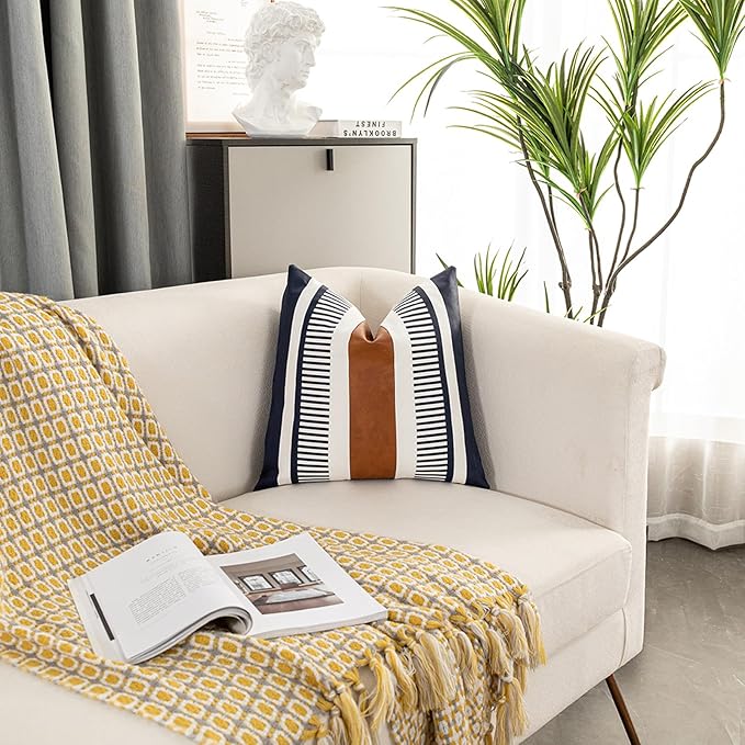 Farmhouse Throw Pillow Covers for Couch Sofa Decorative Faux Leather Square Cushion Cover Tribal Stripe Accent Pillow Case 18 x 18 Inch, Navy Blue