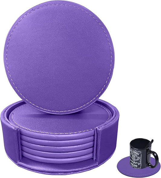 Coasters Set of 6 Soft Leather Drink Coaster Round Coaster with Sewing Around, Suitable for Various Cups, Wooden Tables,Home Decoration,4 Inches (Dark Purple,Sewing Type)