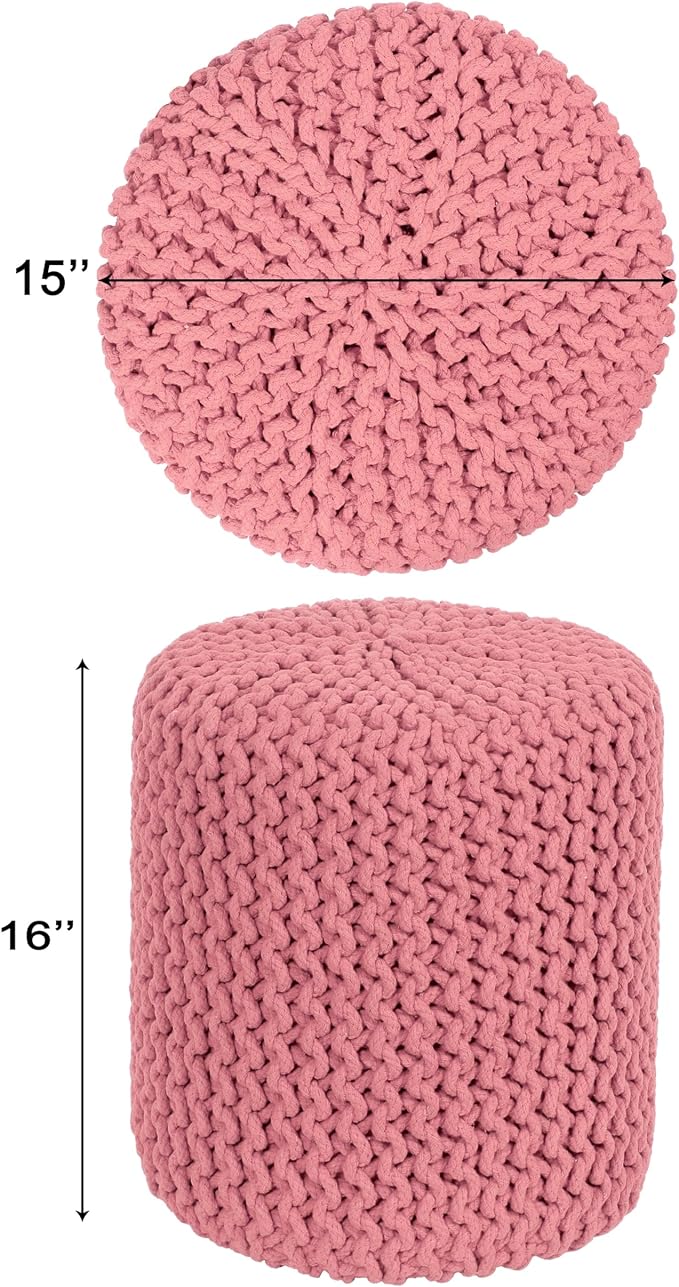 COTTON CRAFT Braided Round Pouf - Hand Knitted Cotton Cord Cable Dori Cylindrical Ottoman - Foot Stool - Floor Pouf - Footrest - Accent Seat - Living Room Bedroom Dorm Décor - 15 Round x 16 H - Pink