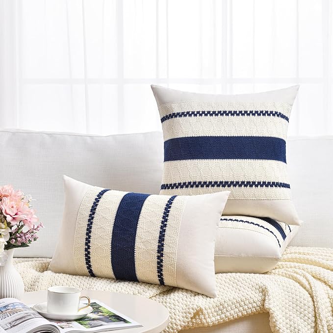 Fancy Homi Set of 2 Navy Blue Decorative Throw Pillow Covers 16x16 Inch for Couch Bed Sofa Living Room Office, Aesthetic Modern Organic Farmhouse Home Decor, Soft Cotton Woven Textured Cushion Case