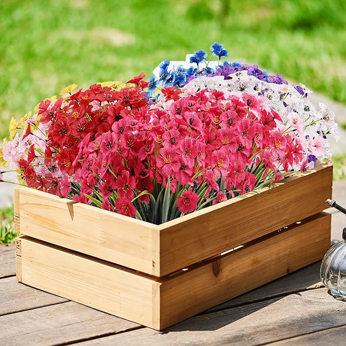 22 Bundles Artificial Flowers Outdoor, Faux Flowers UV Resistant with Plastic Plants, Faux Silk Flowers for Outdoors Outside Front Porch Hanging Planter Window Box Garden Decoration(Rose Red)
