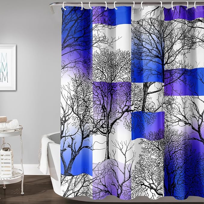 AILONEN Blue and White Tree Abstract Shower Curtain,Minimalist Printed Plant Tree Arts Bath Curtain,Modern Boho Waterproof Curtain for Bathroom Decor, 72" W x 96" H
