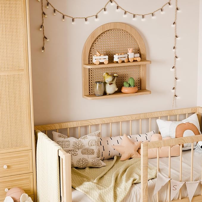 Rattan Wall Shelf Boho Nursery Decor, 2-Tier Arched Woven Natural Wood Wicker, 16''L Neutral Handcrafted Rattan Nursery Shelf, Decorative for Living Room, Bedroom & Bathroom