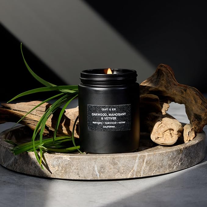 Craft & Kin Premium Oakwood, Mahogany & Vetiver Candle | Black Spring Scented Candles for Men | Long Lasting with 45 Hour Burn Time, 7.6oz | Made with Soy | Aromatherapy at Home | Gifts for Men