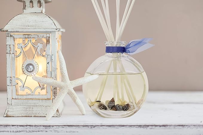 LOVSPA Beach House Reed Diffuser Set with Sticks - Real Seashells in The Bottle! - Ocean Beach Themed Home Fragrance Reed Diffuser for Bathroom Shelf Décor