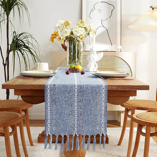 Chassic Rustic Farmhouse Style Linen Table Runner, Boho Handmade Tassel Hemstitched Embroidered Table Runners 90 Inches Long for Holiday Party, Dresser and Dining Decorations, 13 x 90 inch - Blue