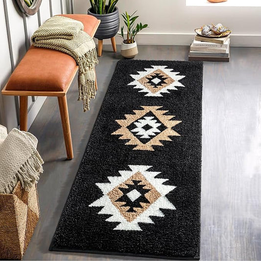 DEXDE Boho Bathroom Runner Rugs 20x72, Long Bath Mats for Bathroom Bedroom Hallway Kitchen Luxury Soft Absorbent Large Bath Rugs Modern Geometric Carpet Western Farmhouse Carpet, Black White