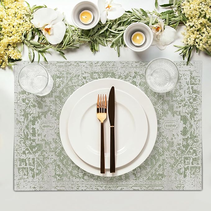 Gray Light Green Boho Placemats Set of 6 Ethnic Bohemian Carpet Place Mats Washable Kitchen Dining Vintage Grey Geography Floral Linen Table Mats Stain Heat-Resistant for Home Party Indoor 12x18 in