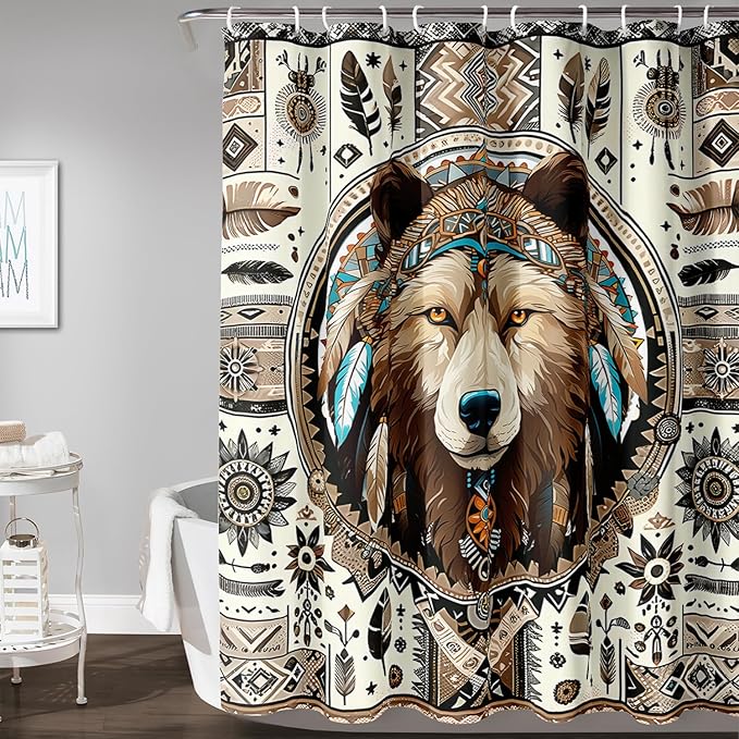 AILONEN Dreamcatcher Wolf Shower Curtain for Bathroom Decor,Retro Boho Wolf Bath Curtain for Kids Boys Girls,Print Polyester Waterproof with 12 Plastic Hooks 72" W*84" H