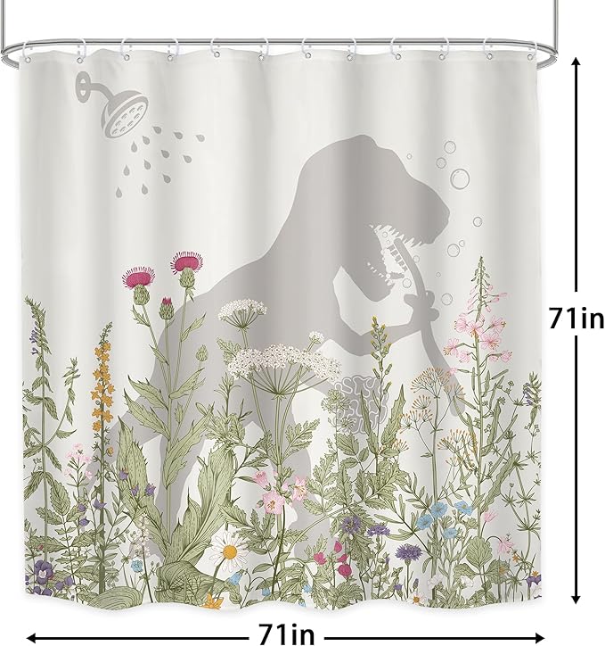 LGhtyro Wildflower Dinosaur Kids Shower Curtain Bathroom Set 71Wx71H Inches Funny Dino Silhouette Floral Rustic Plant Leaves Botanical Bath Accessories for Boys Art Home Decor Fabric 12 Pack Hooks