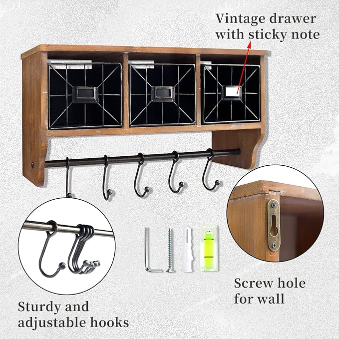 Coffee Bar Shelf with Baskets and Hooks, Wall Mounted Storage Hanging Coat Rack Shelf for Entrance, Bathroom, Living Room and Kitchen