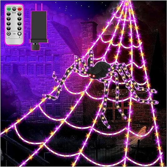 Spider Webs Halloween Decorations Lights - 450 LEDs Outdoor Halloween String Lights with 60" Light Up Spider,8 Modes Remote Control 16.4Ft Spiderweb,Waterproof (New Orange-Purple Grid Luminous Net)