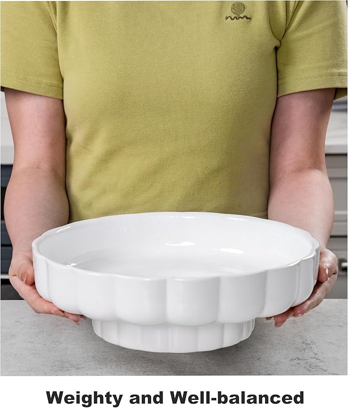 Nucookery Ceramic Petal Fruit Bowl for Kitchen Counter, 11 Inch Modern Decorative Bowl, Elegant Fruit & Vegetable Storage Container, Large Bread Basket, White
