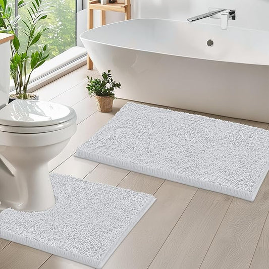 LuxUrux Bathroom Rugs Sets 2 Piece: Quick Dry, Soft Plush Anti-Slip, Super Absorbent. Includes Rectangular (31x20 inches) & U-Shaped Toilet Mat (20x20 inches) | White