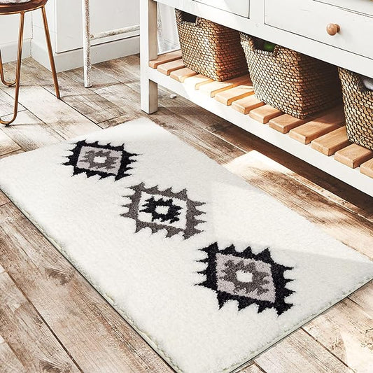 DEXDE Boho Bathroom Rugs Black White Bath Mat Non Slip Western Geometric Bath Rug Luxury Soft Modern Absorbent Carpet for Bathroom Shower Kitchen Entryway Farmhouse,24x36