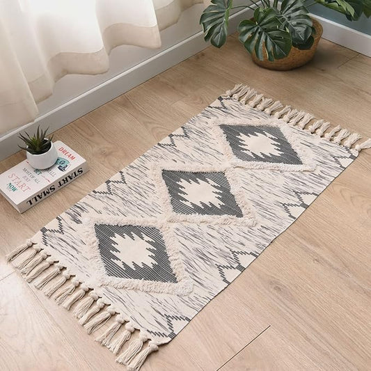 Boho Bathroom Rugs 2x3ft Farmhouse Bath Runner Rug, Small Tufted Cotton Accent Floor Mat with Tassels, Grey