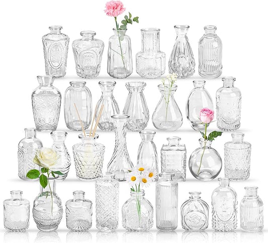 Der Rose Bud Vases in Bulk Glass Vase for Centerpieces Set of 30 Small Flower Vases Mini Vintage Vases for Rustic Wedding, Home Table Decorations (Clear)