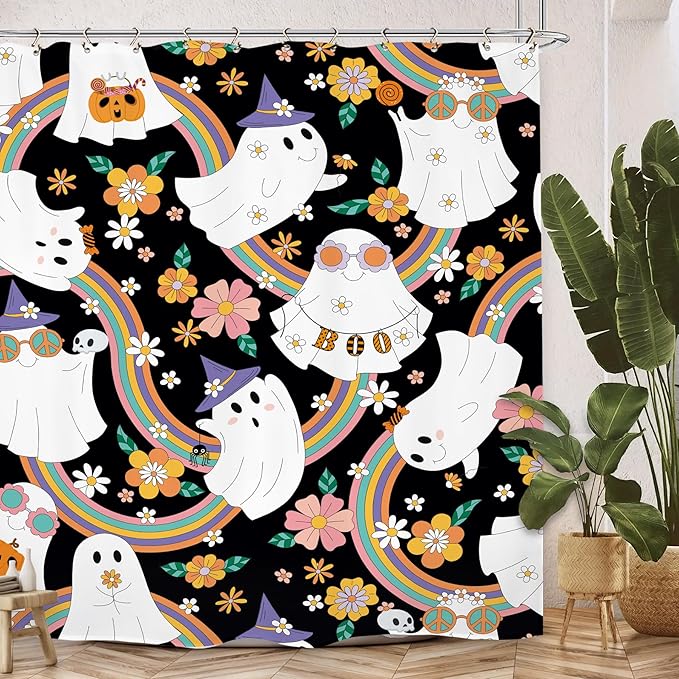 Halloween 70s Ghost Funny Shower Curtain 60Wx72L Inch 70s Groovy Funky Trendy Hippie Cute Horror Spooky Scary Rainbow Bathroom Set Accessories Decor with 12 Pack Hooks