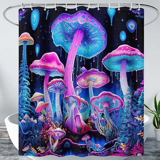 AILONEN Mushroom Shower Curtain for Bathroom, 3D Oil Painting Mushroom Bath Curtain,Blue Purple Fairy Fantasy Fungus Botanical Decoration Waterproof Curtain with 12 Plastic Hooks, 60" W*72" H