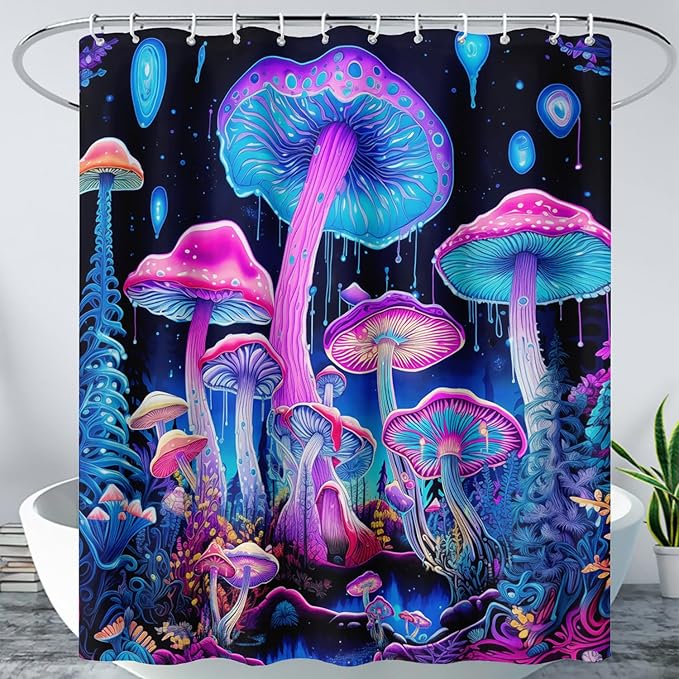 AILONEN Mushroom Shower Curtain for Bathroom, 3D Oil Painting Mushroom Bath Curtain,Blue Purple Fairy Fantasy Fungus Botanical Decoration Waterproof Curtain with 12 Plastic Hooks, 72" W*72" H