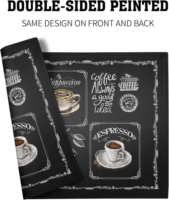 Giwawa Coffee Placemts Set of 4, 12"x18" Black Cafe Life Themed Coffee Beans Maker Espresso Cup Print, Washable Heat-Resistant Linen Placemats for Dining Table Party